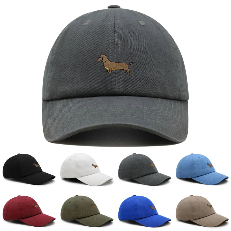A collection of Dachshund baseball caps in various colors, all featuring a small embroidered dachshund design on the front.
