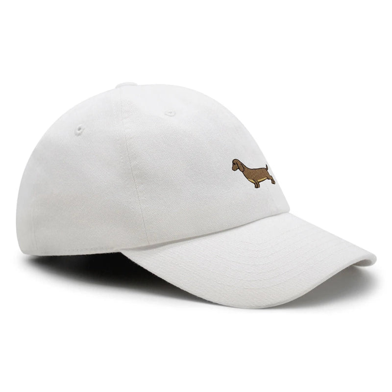 A collection of Dachshund baseball caps in various colors, all featuring a small embroidered dachshund design on the front.