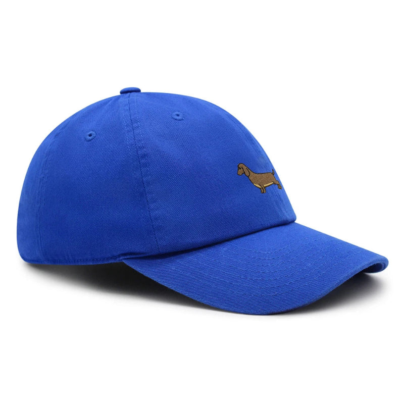 A collection of Dachshund baseball caps in various colors, all featuring a small embroidered dachshund design on the front.