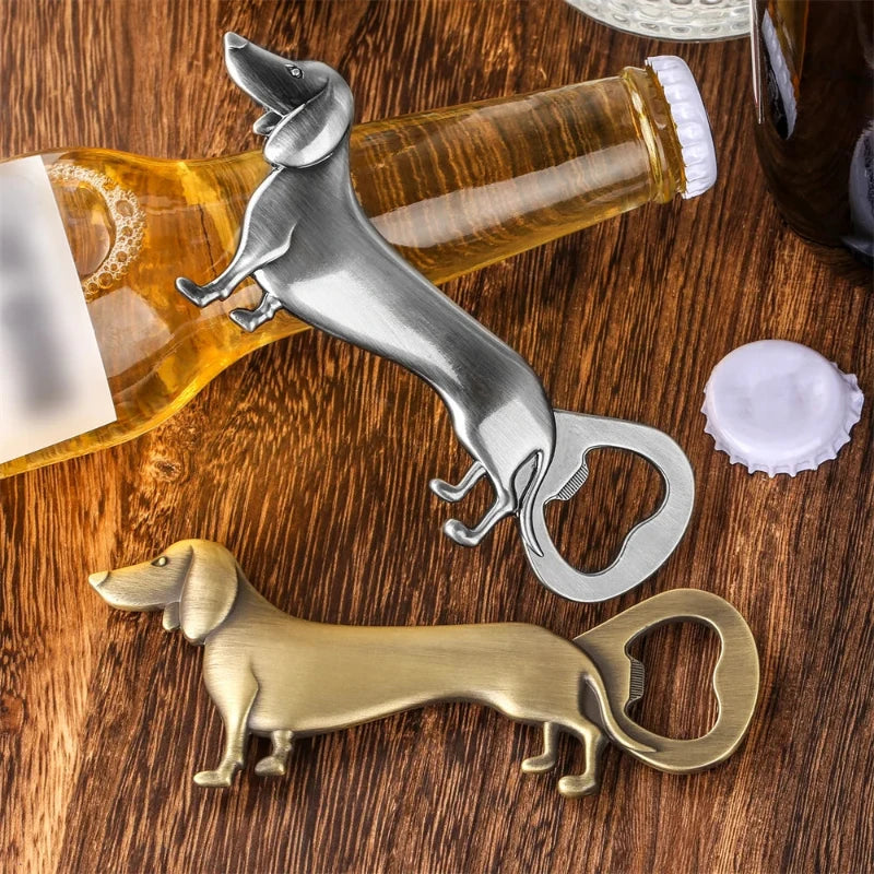 A Dachshund-shaped bottle opener with a golden finish, depicted next to a bottle and a cap, highlighting its function.