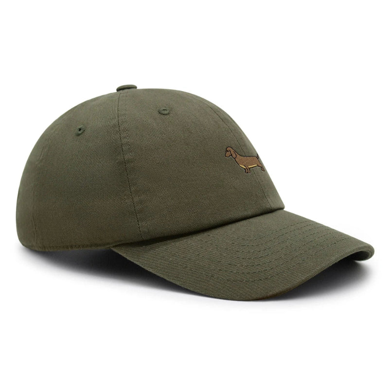 A collection of Dachshund baseball caps in various colors, all featuring a small embroidered dachshund design on the front.