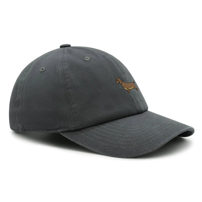 A collection of Dachshund baseball caps in various colors, all featuring a small embroidered dachshund design on the front.
