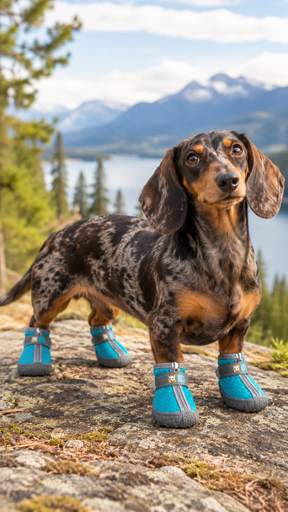 A dachshund standing on a rocky mountain path with a lake and mountains in the background, wearing bright blue dog boots with gray soles.