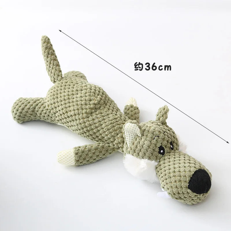 Crocheted dog toy on a white background with measurement text