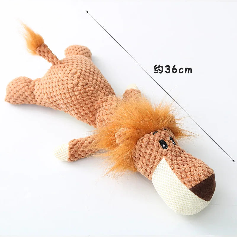 Knitted horse toy with measurement text on a white background