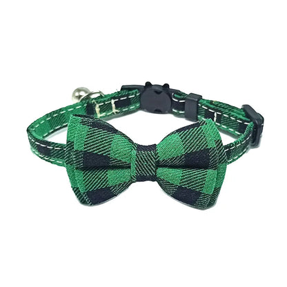Green plaid bow tie cat collar on a white background