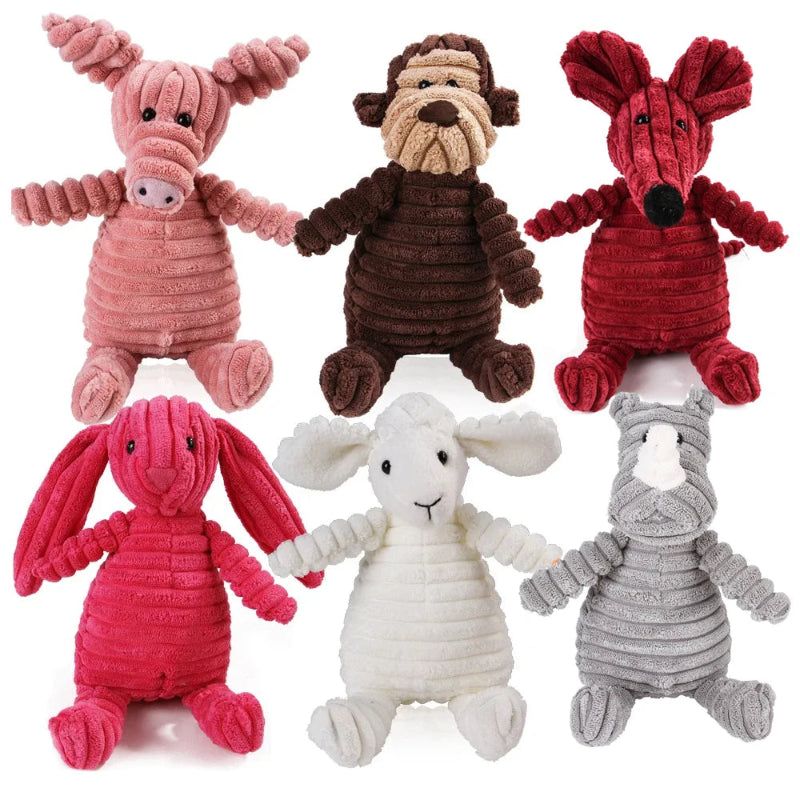Set of six colorful plush toys on a white background