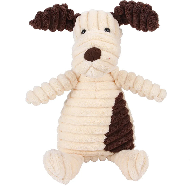 Plush dog toy with brown and beige colors on a white background