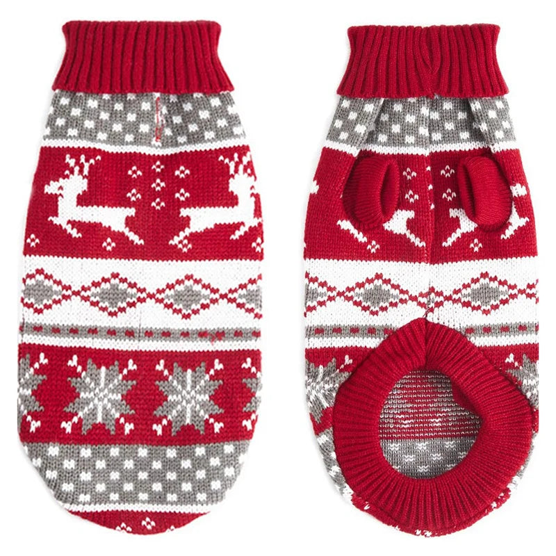 Red, white, and gray patterned dog sweater with reindeer design on a white background