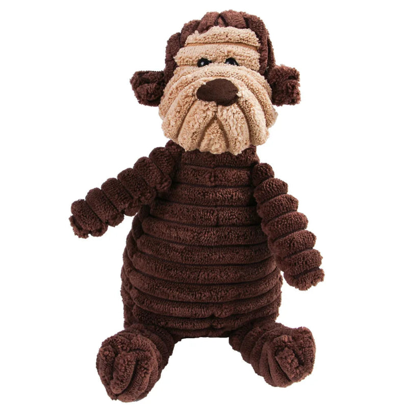 Brown plush dog toy with a white background