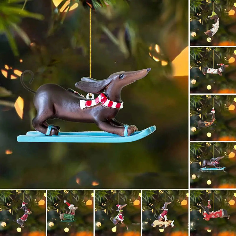 Decorative dachshund ornament on a tree with lights