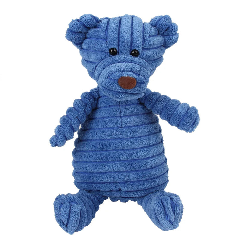 Blue plush toy with a knitted texture on a white background