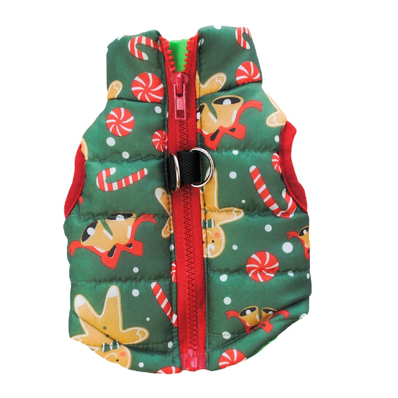 Christmas-themed dog vest with gingerbread men and candy cane pattern on a white background