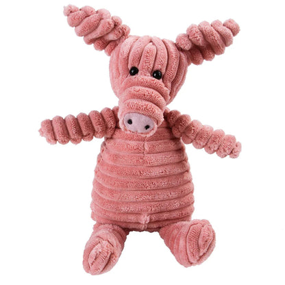 Pink plush toy with curly arms and legs on a white background