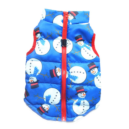 Blue pet vest with snowman pattern and red zipper on a white background