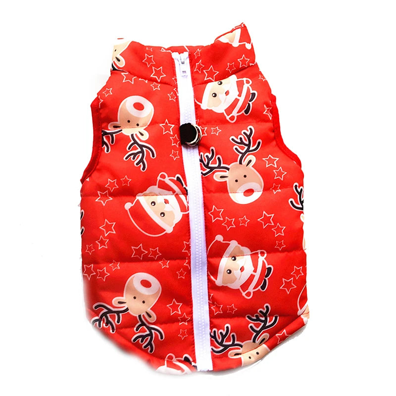 Red puffer vest with Santa Claus and reindeer pattern on a white background