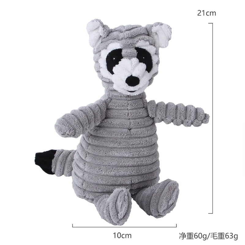 Plush toy raccoon with measurements on a white background