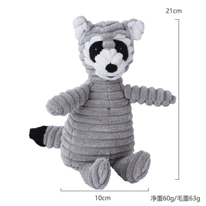 Plush toy raccoon with measurements on a white background