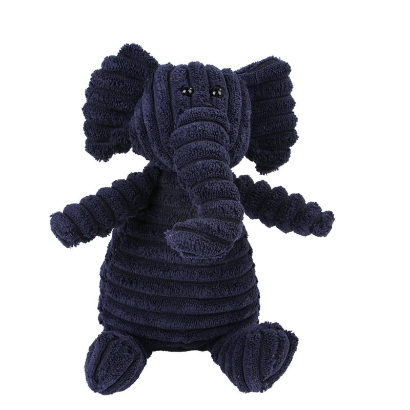 Navy blue elephant plush toy on a white background