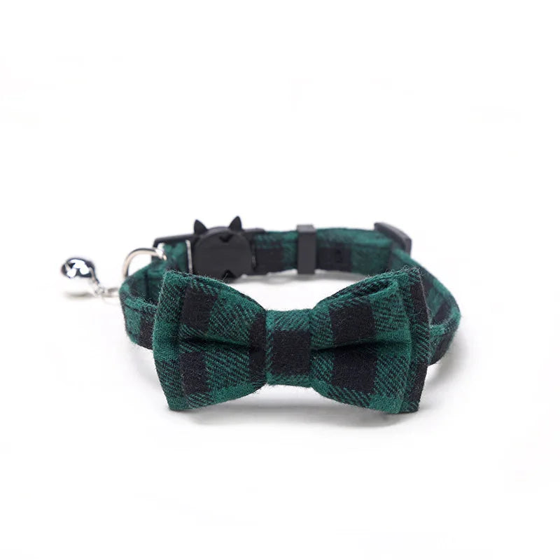 Green plaid bow tie pet collar on a white background