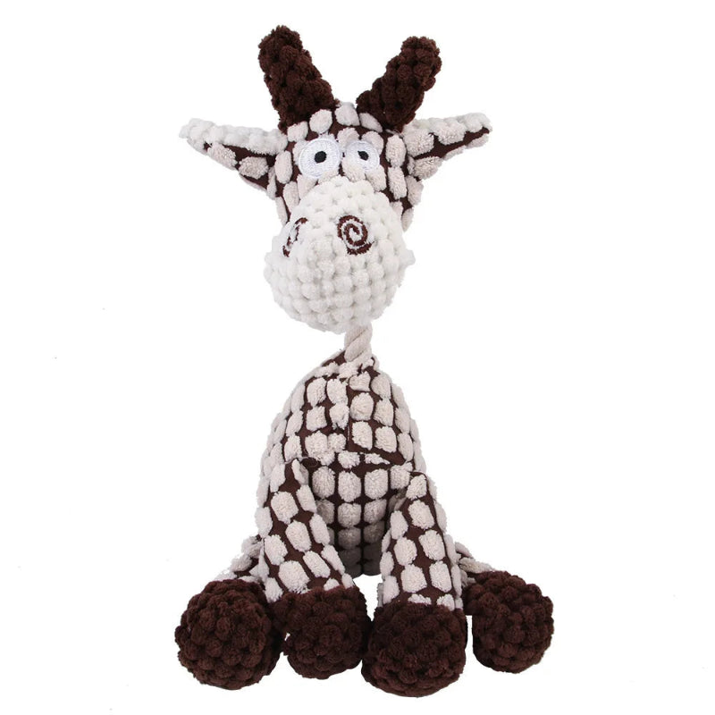 Plush giraffe toy with brown and white pattern on a white background