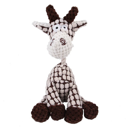Plush giraffe toy with brown and white pattern on a white background