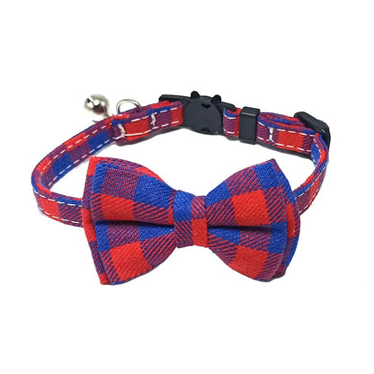 Red and blue plaid bow tie pet collar on a white background