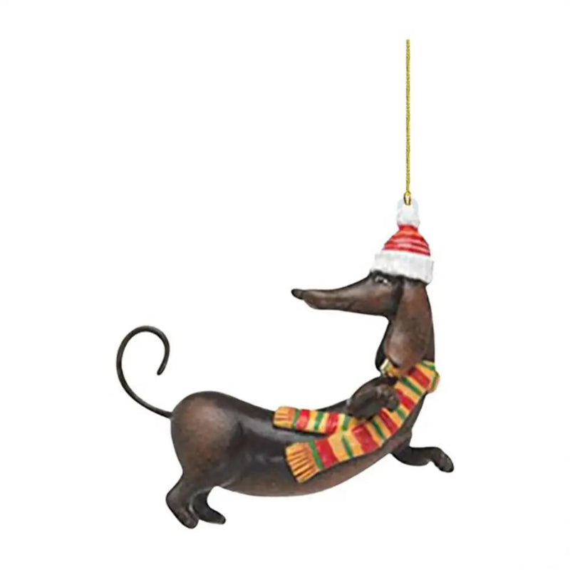 Christmas ornament of a dachshund wearing a striped sweater and hat on a white background