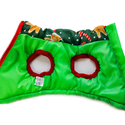 Green dog coat with red eye holes and festive pattern on a white background