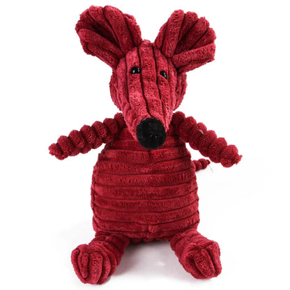 Red plush toy with a black nose on a white background