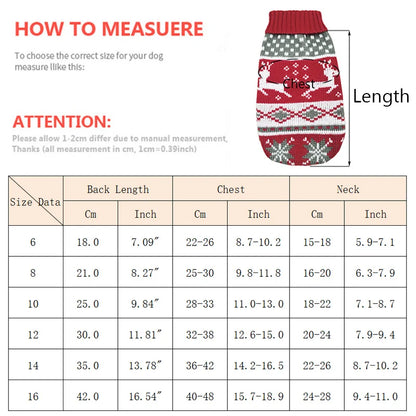 Dog sweater with size measurement chart on a white background
