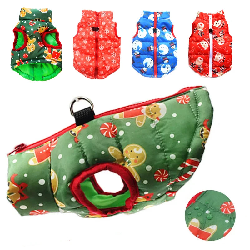 Set of colorful pet vests with Christmas-themed designs on a white background.
