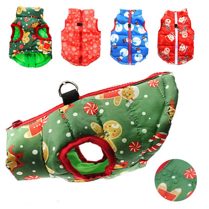 Set of colorful pet vests with Christmas-themed designs on a white background.