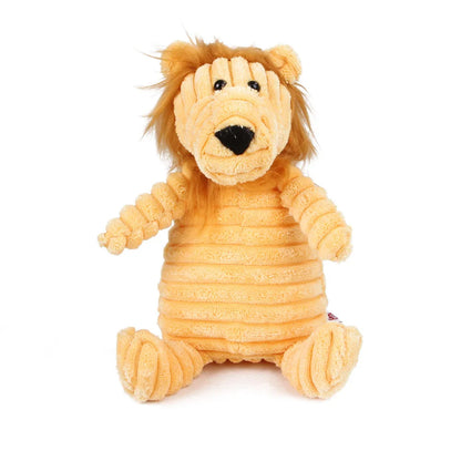 Plush lion toy with a striped pattern on a white background