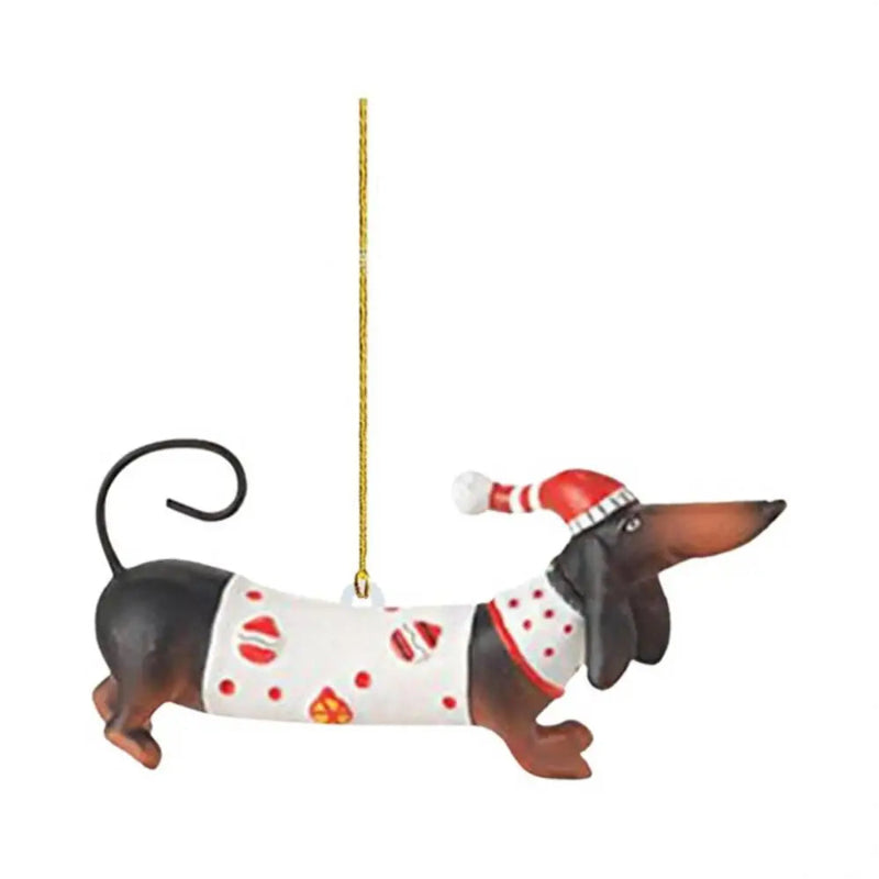 Decorative Christmas ornament of a dachshund wearing a Santa hat on a white background