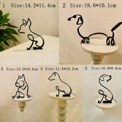 Set of five black wire dog sculptures on small white pedestals with dimensions displayed.