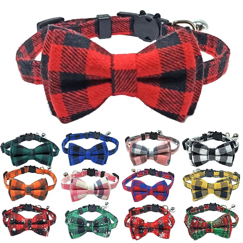 Collection of plaid dog collars with bow ties in various colors on a white background.