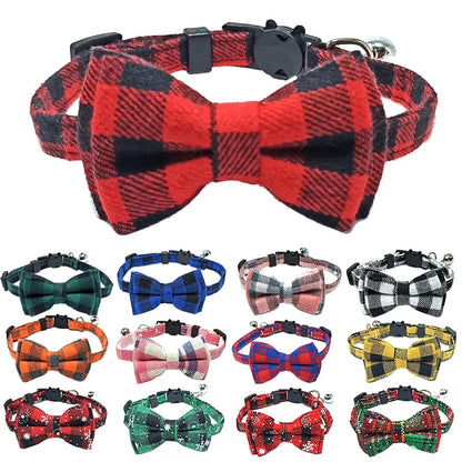Collection of plaid dog collars with bow ties in various colors on a white background.